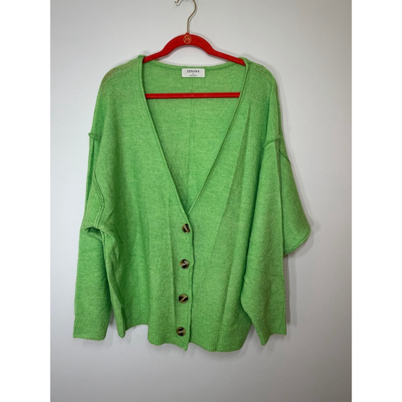 Zenana Lime Green Oversized Cardigan Sweater Large NWOT Fuzzy Knit V-Neck Button - Picture 2 of 9